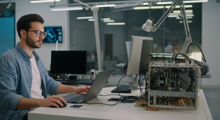 Young programmer working on laptop in modern tech office