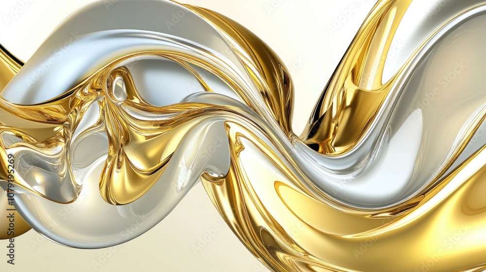 Poster abstract flowing waves of shimmering silver and gold against a soft background, creating a luxurious