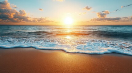 Obraz premium The sun rises brightly over the horizon, casting golden light on the tranquil ocean as gentle waves wash onto the shore, creating a serene morning atmosphere