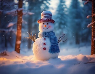 Fototapeta premium Muñeco de nieve en un bosque nevado.
