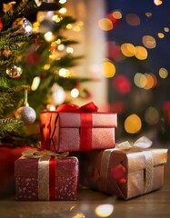 Regalos debajo del Arbol de Navidad con adronos y luces navideñas