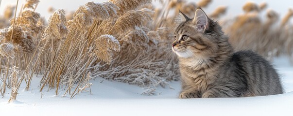 Cute Kitten in Snowy Winter Landscape with Frosty Reeds