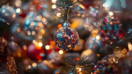 Christmas Tree With Baubles And Blurred Shiny Lights -
