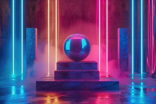 round disco ball on a square podium on the dance floor stage, neon lighting, bokeh blue and red texture on the background