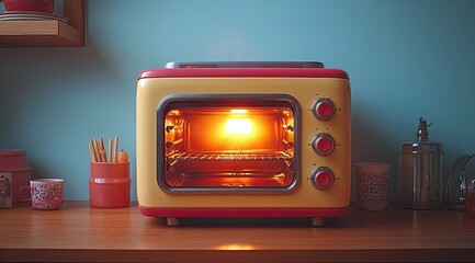 A vintage yellow and red toaster oven with a glowing interior, sitting on a wooden countertop in a kitchen.