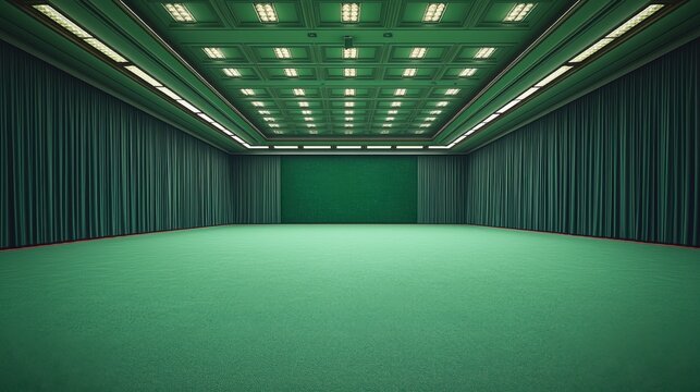 Emerald Green Event Hall Empty Stage Plush Curtains Modern Interior Design