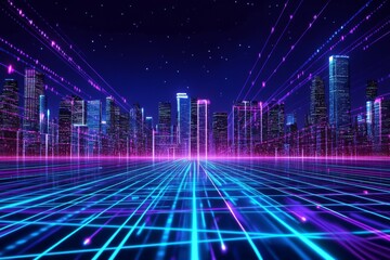 Futuristic Cyber-City Skyline at Night with Neon Lights and Digital Grid