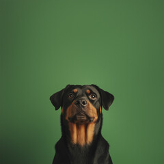 Obraz premium Close-up of a Doberman dog with a green background, looking up with a curious expression. Perfect for pet themes, loyalty, and companionship concepts.