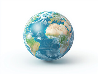 Obraz premium Globe showing Earth's continents with realistic colors against a white background, ideal for educational and environmental concepts. Space for copy.