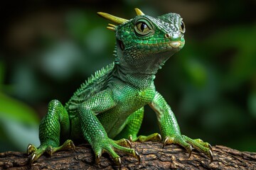 Obraz premium Vivid Green Lizard on Wood Reptile Exotic Pet Closeup
