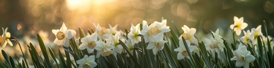Naklejka premium Spring Daffodils. Group of Blooming Daffodils in Garden, Sunlight Filtering through Blossom