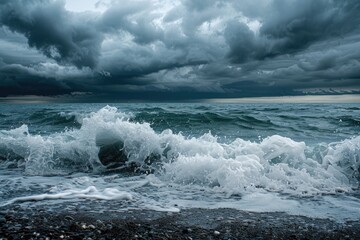 Fototapeta premium Stormy Water. Dark Clouds and Sea Wave on Coastal Background
