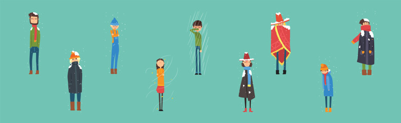 People Character Freezing Outside at Cold Snowy Weather Vector Set