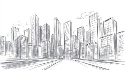 A metropolis with towering modern buildings sketched by hand.
