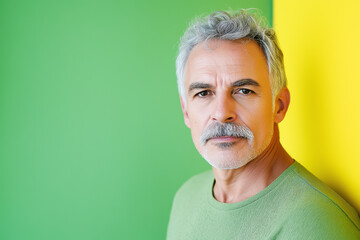Obraz premium Portrait of an older man with a mustache, gray hair, and green sweater against a vibrant green background, presenting a confident and approachable demeanor.