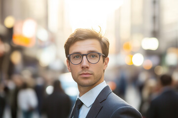 Fototapeta premium A young professional man in glasses and suit looks attentively forward in a bustling urban environment, capturing focus and ambition.
