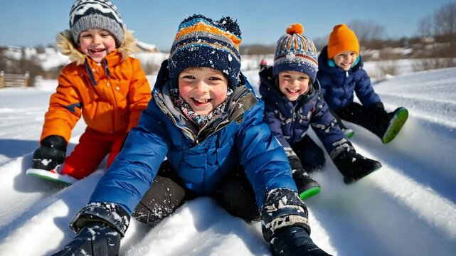 Children joyfully playing in the snow, sliding and laughing together in winter fun.