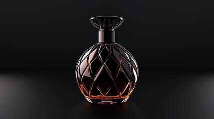 Obraz premium A beautifully designed glass bottle with an intricate pattern, showcasing a rich amber liquid, set against a dark background.
