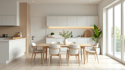 Minimal table decor with white and beige kitchen and dining interior.