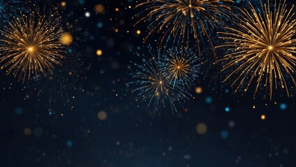 Naklejka premium Colorful gold and blue fireworks explode against a dark night sky, scattered with tiny lights.
