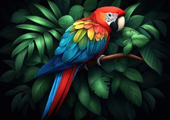 Fototapeta premium A vibrant parrot perched on a branch surrounded by lush green leaves, showcasing stunning, colorful plumage.