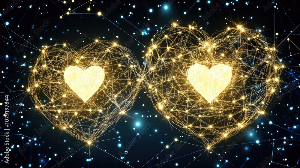 Poster digital representation of two interconnected hearts formed by glowing lines and dots against a dark 