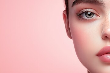 Close-up of a woman's face showcasing subtle makeup and clear skin against a soft pink background.
