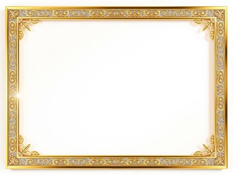 Luxurious rectangular gold glitter border frame on a blank background, blank, gold
