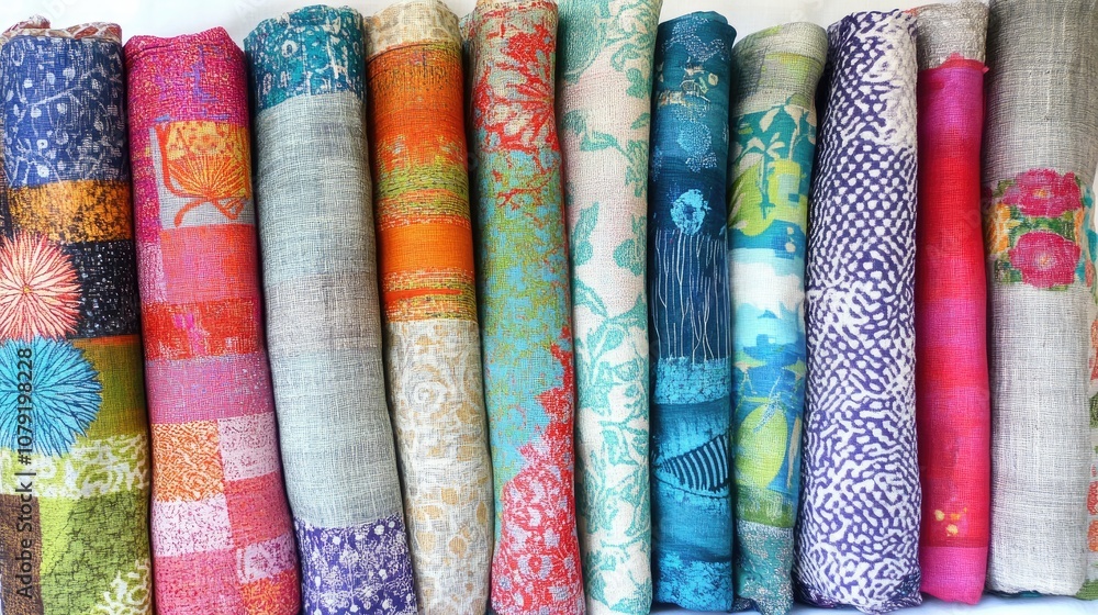 Poster vibrant collection of colorful fabrics rolled neatly in rows showcasing textures and patterns for te