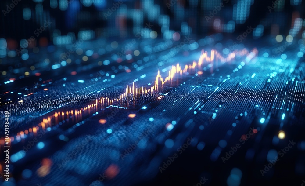 Poster abstract digital data visualization with glowing lines and dots in blue and orange hues.