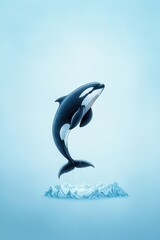 Obraz premium A sleek orca leaps over ice in a tranquil blue expanse, showcasing its grace and power in a stunning marine environment.
