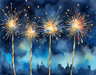 watercolor painting New Year's Eve sparklers and bokeh lights
