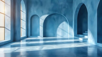 Blue Room Interior Design with Arches and Windows - 3D Illustration