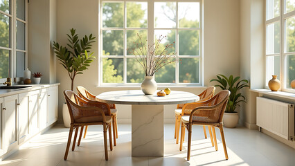 Bright dining area with a marble table and wicker chairs bathed in sunlight from large windows and a vase