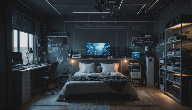 A large bed sits in a dark, futuristic bedroom with a desk and a bookshelf full of electronics