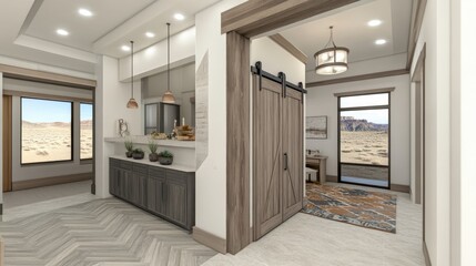 Modern Rustic Entryway Interior Design Featuring Sliding Barn Doors, Open Concept Layout, Stylish Lighting, and Scenic Desert View Through Large Windows