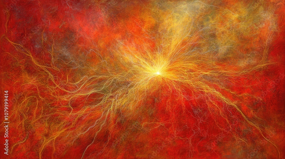 Poster abstract energetic burst in fiery red and golden hues representing dynamic movement and powerful ene