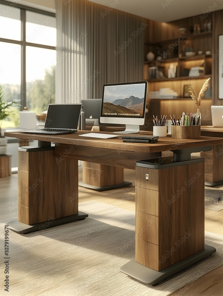 Poster modern wooden desk with adjustable height in a home office with a laptop and desktop computer.