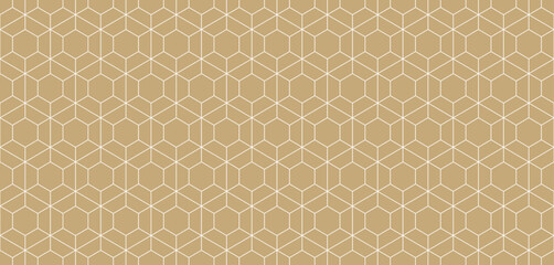 Abstract golden linear geometric seamless pattern. Subtle vector texture with thin lines, hexagon grid, net, lattice, diamond shapes. Luxury gold minimalist background. Modern outline repeated design