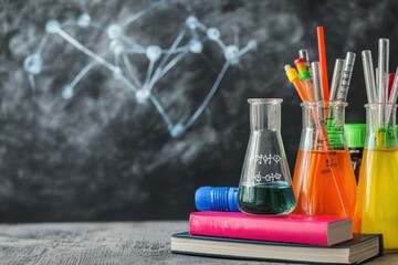 Colorful laboratory glassware arranged on stacked books in a classroom environment