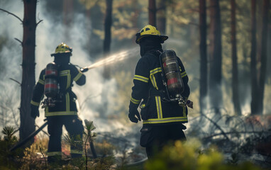 Obraz premium A pair of firefighters are seen dousing flames in a smoke-filled forest, illuminated by natural light filtering through the trees.