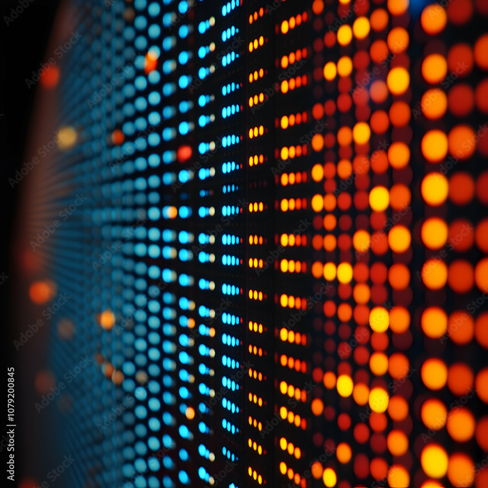 Poster abstract background of colorful glowing dots arranged in rows.