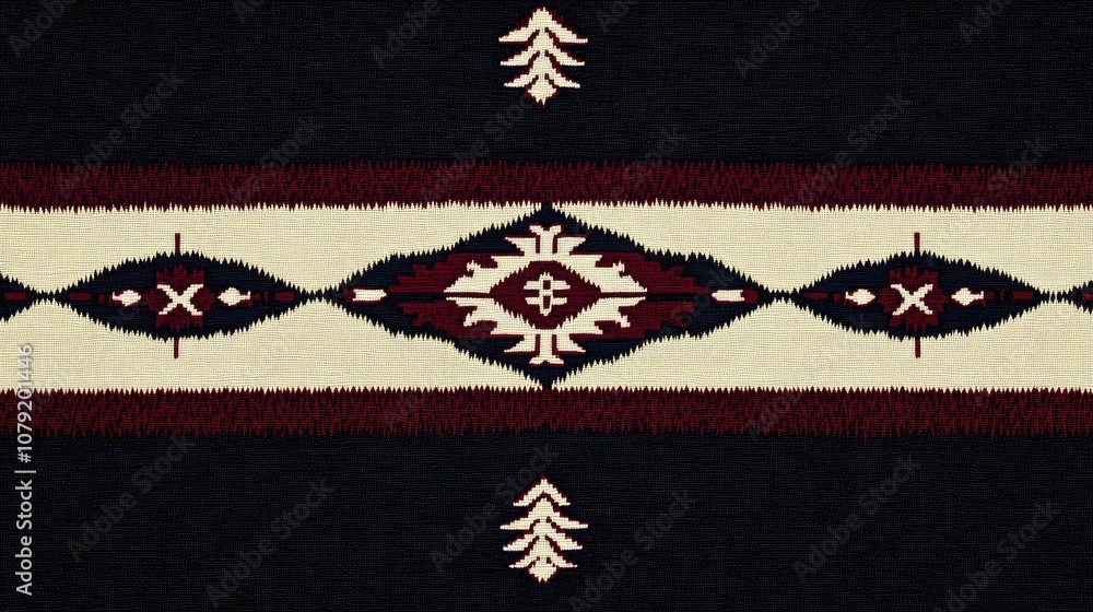 Poster Intricate Textile Pattern Featuring Geometric Shapes and Earthy Tones on a Dark Background Ideal for Artistic and Cultural Design Projects