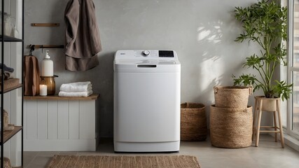 Modern laundry room with top load washing machine, bright and airy space, with neatly stacked towels on wooden shelves, wicker baskets, and a potted plant for a serene, organized look