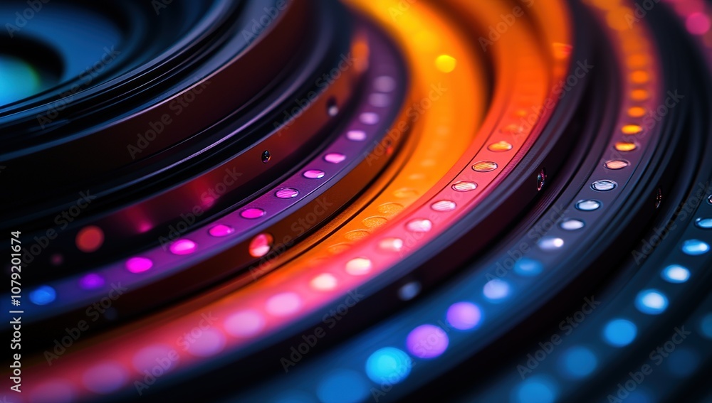 Poster close-up of a camera lens with colorful led lights, creating a vibrant and abstract pattern.