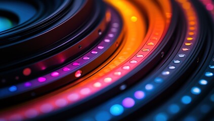 Close-up of a camera lens with colorful LED lights, creating a vibrant and abstract pattern.
