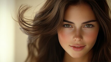 Naklejka premium A young woman sits in a softly lit room, her hair gently flowing. She has a calm expression, highlighting her natural beauty and serene presence in the moment