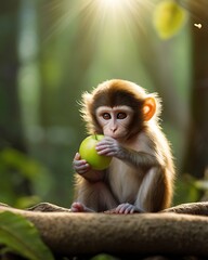 Naklejka premium A Baby Monkey Eating a Green Apple in a Forest Setting