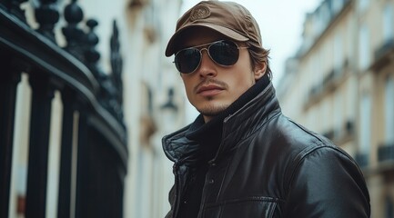 A young man in a leather jacket, cap, and sunglasses stares intently at the camera.