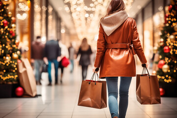Vista desde atrás de una mujer con bolsas de compras en un centro comercial adquiriendo ropa y regalos en navidad. Compras en Navidad..
